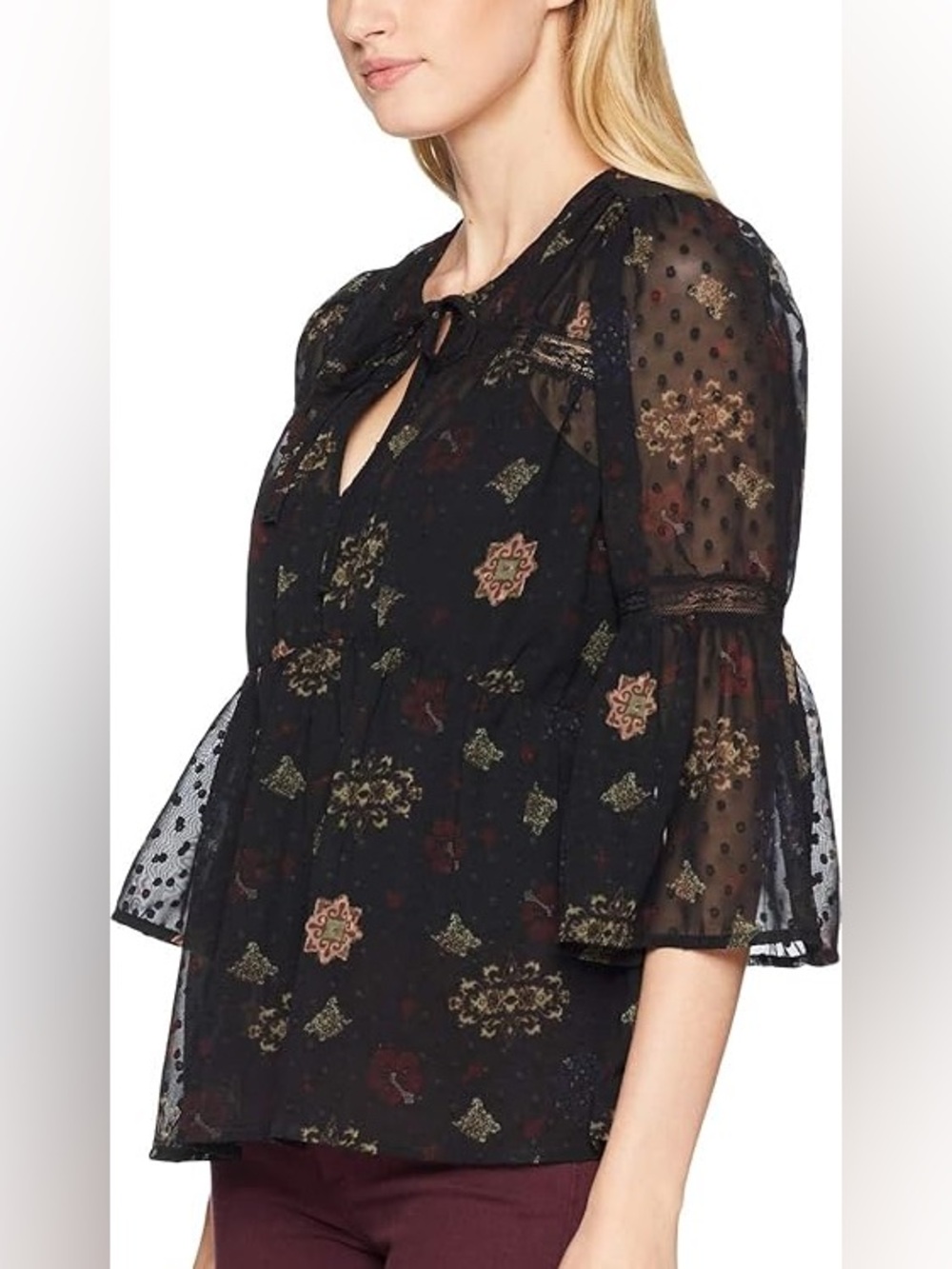 Lucky Brand Black Sheer Floral Medallion Tie-Neck Blouse